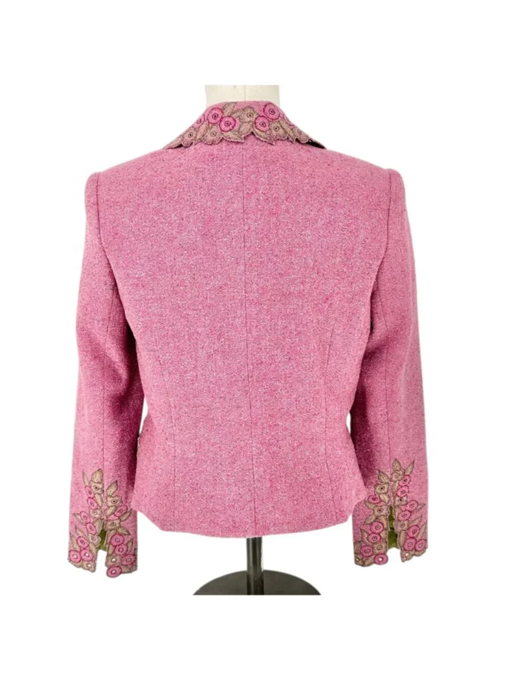 Carmen Marc Valvo Blazer Jacket Womens Sz 10 Pink Wool Blend Embroidered Floral - Picture 2 of 10